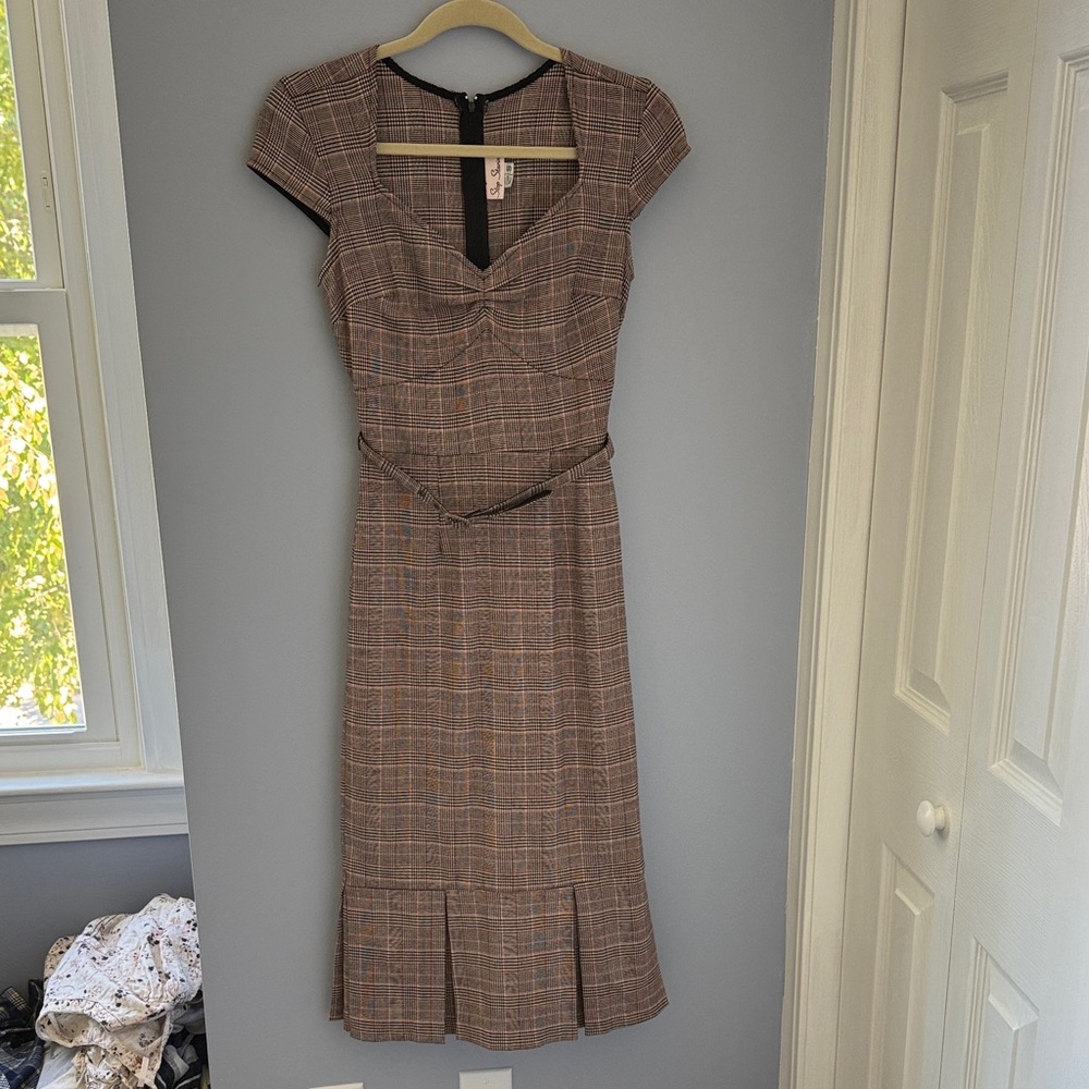 Stop Staring Heather Brown Plaid Belted Midi Wiggle Dress